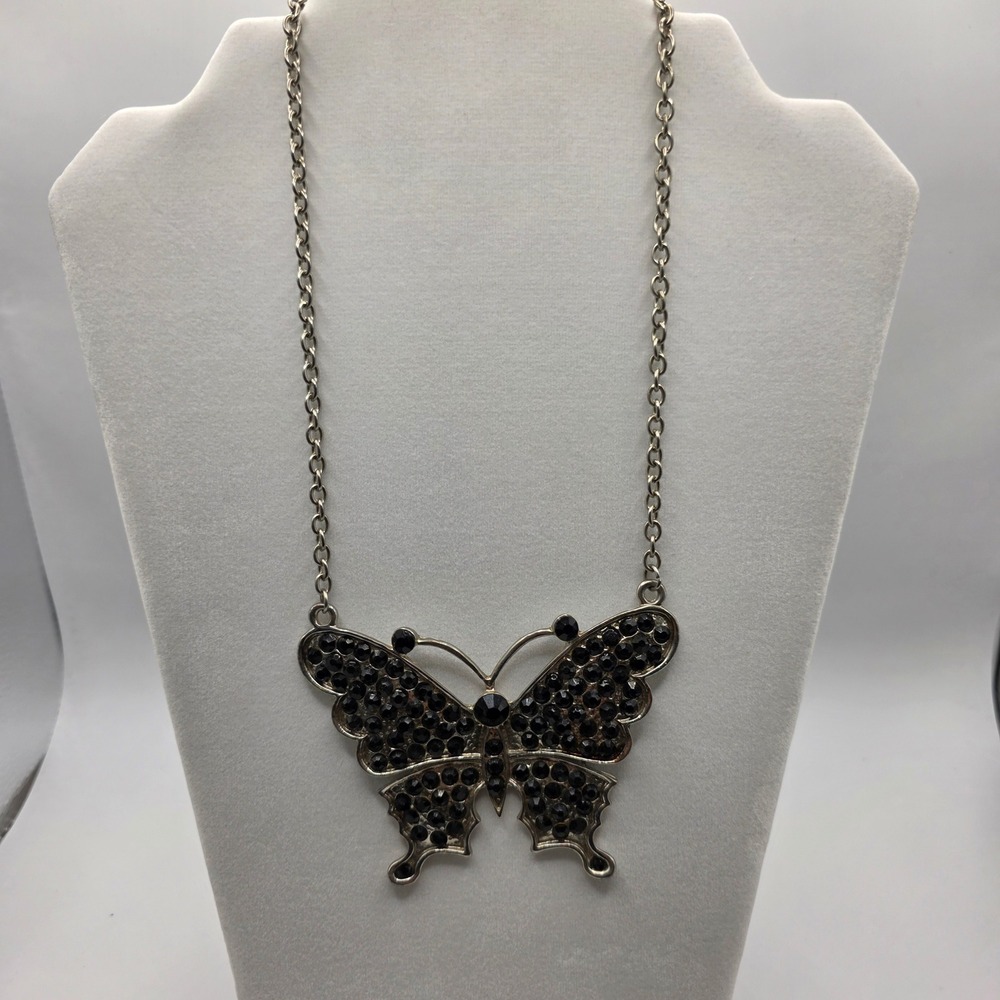 Silver Tone Black Rhinestone Butterfly Statement Necklace Gothic Y2K Whimsigoth